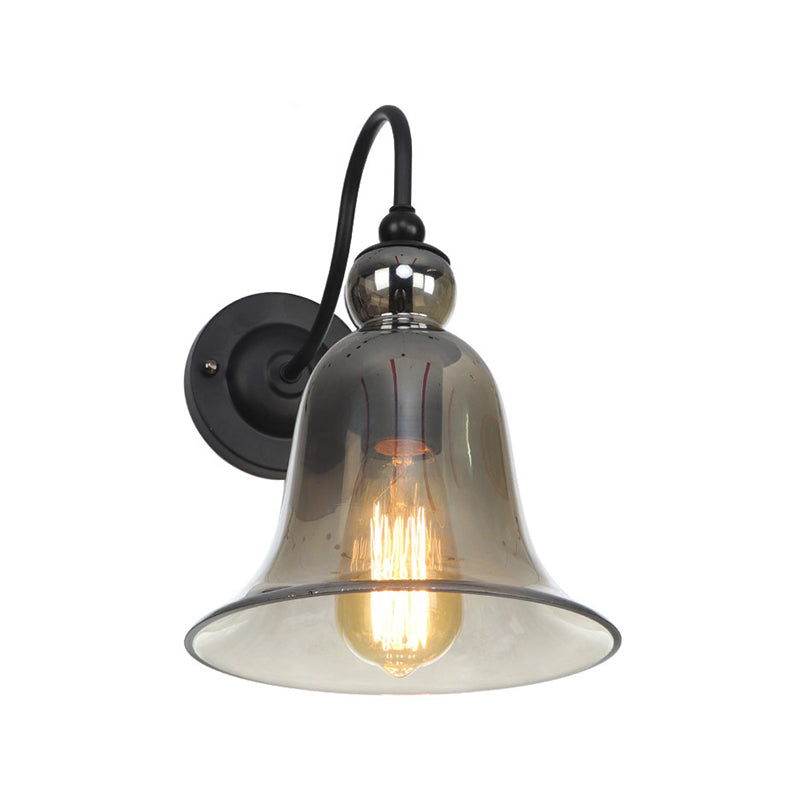 Green/Clear/Amber Glass Carillon Wall Light Loft 1 Bulb Living Room Gooseneck Wall Mounted Lamp in Black Smoke Gray Clearhalo 'Cast Iron' 'Glass' 'Industrial wall lights' 'Industrial' 'Middle century wall lights' 'Modern' 'Tiffany' 'Traditional wall lights' 'Wall Lamps & Sconces' 'Wall Lights' Lighting' 1917557