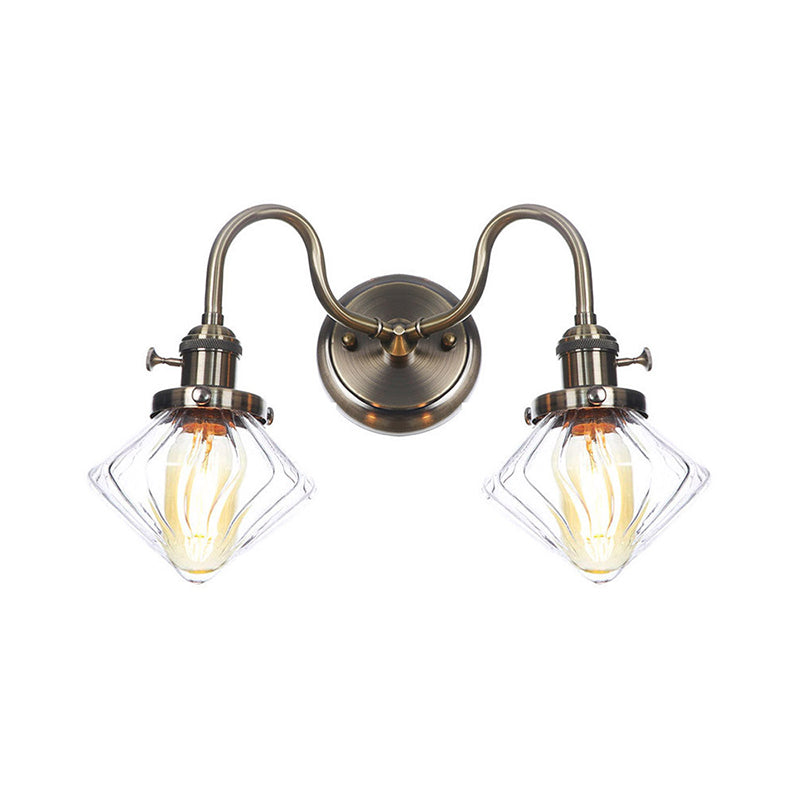 Amber/Clear Glass Diamond/Ball Wall Light Factory 2 Bulbs Living Room Wall Mounted Lighting with Undulated Arm in Bronze Clear C Clearhalo 'Art deco wall lights' 'Cast Iron' 'Glass' 'Industrial wall lights' 'Industrial' 'Middle century wall lights' 'Modern' 'Rustic wall lights' 'Tiffany' 'Traditional wall lights' 'Wall Lamps & Sconces' 'Wall Lights' Lighting' 1917685