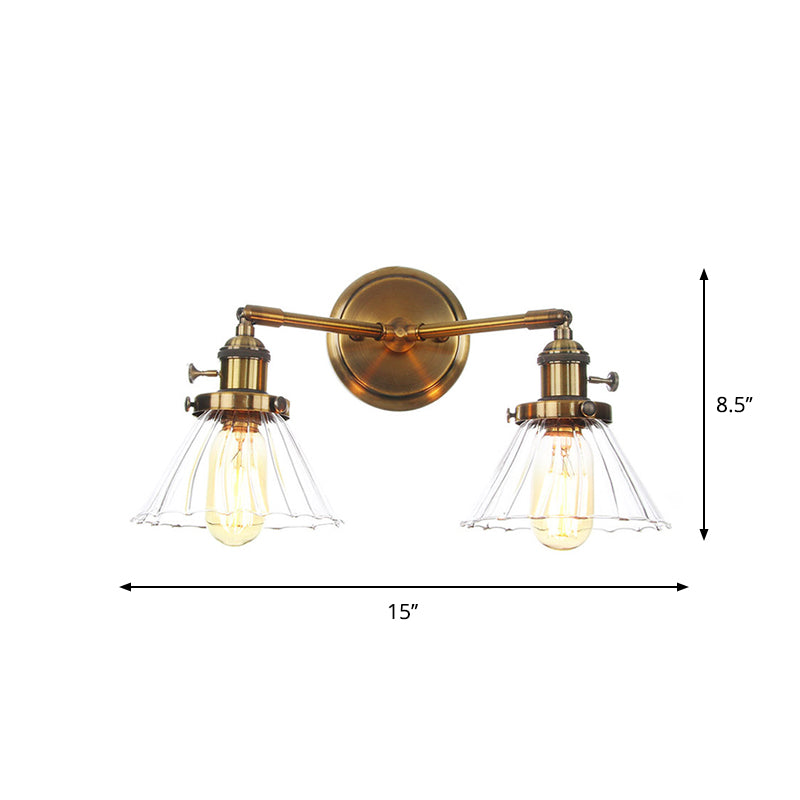 Metal Antiqued Brass Wall Lighting Conical/Spherical 2-Light Warehouse Wall Mounted Lamp with Straight/Curved Arm Clearhalo 'Art deco wall lights' 'Cast Iron' 'Glass' 'Industrial wall lights' 'Industrial' 'Middle century wall lights' 'Modern' 'Rustic wall lights' 'Tiffany' 'Traditional wall lights' 'Wall Lamps & Sconces' 'Wall Lights' Lighting' 1917715