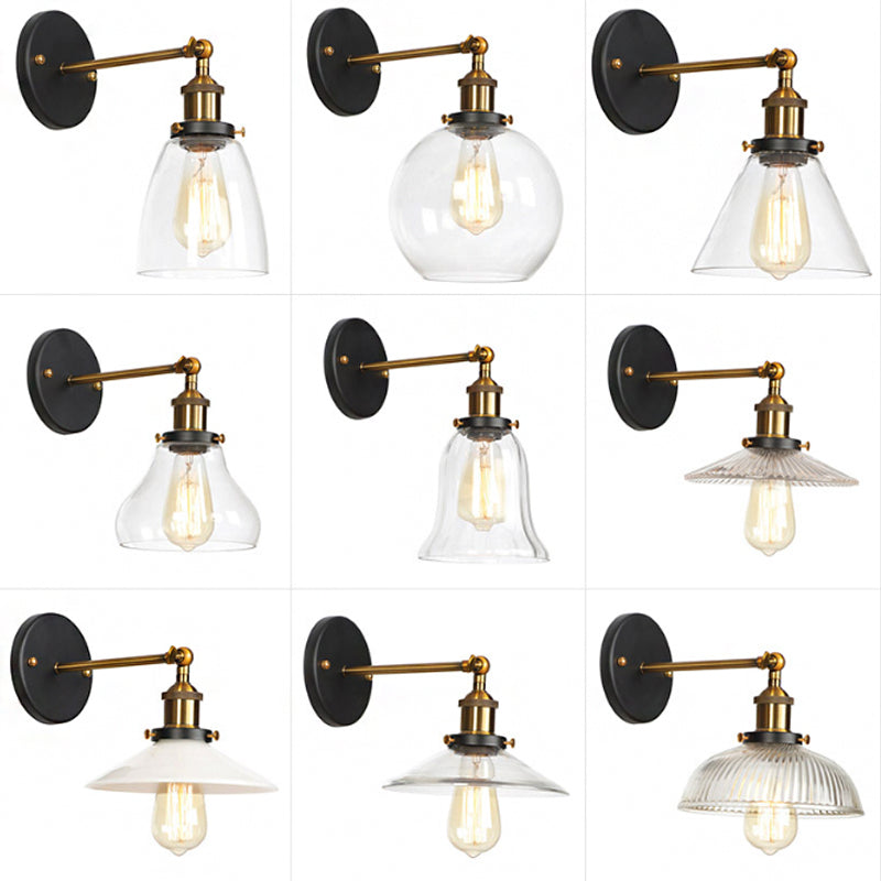 Bowl/Gourd/Flared Bedside Reading Wall Lamp Antique Clear Glass 1 Bulb Black-Brass Wall Light with Pivot Joint Clearhalo 'Art deco wall lights' 'Cast Iron' 'Glass' 'Industrial wall lights' 'Industrial' 'Middle century wall lights' 'Modern' 'Rustic wall lights' 'Tiffany' 'Traditional wall lights' 'Wall Lamps & Sconces' 'Wall Lights' Lighting' 1917739
