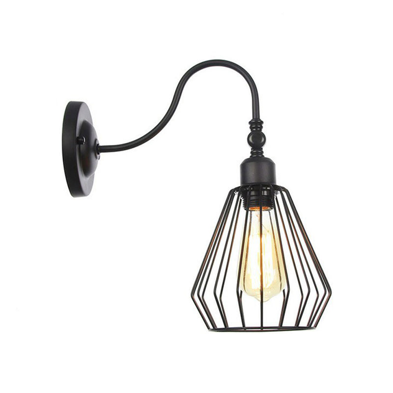 Iron Black Gooseneck Wall Lamp Tube/Ball/Diamond Cage Single Factory Wall Mounted Lighting Fixture Black C Clearhalo 'Art deco wall lights' 'Cast Iron' 'Glass' 'Industrial wall lights' 'Industrial' 'Middle century wall lights' 'Modern' 'Rustic wall lights' 'Tiffany' 'Traditional wall lights' 'Wall Lamps & Sconces' 'Wall Lights' Lighting' 1917957