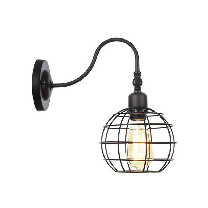 Iron Black Gooseneck Wall Lamp Tube/Ball/Diamond Cage Single Factory Wall Mounted Lighting Fixture Black E Clearhalo 'Art deco wall lights' 'Cast Iron' 'Glass' 'Industrial wall lights' 'Industrial' 'Middle century wall lights' 'Modern' 'Rustic wall lights' 'Tiffany' 'Traditional wall lights' 'Wall Lamps & Sconces' 'Wall Lights' Lighting' 1917961