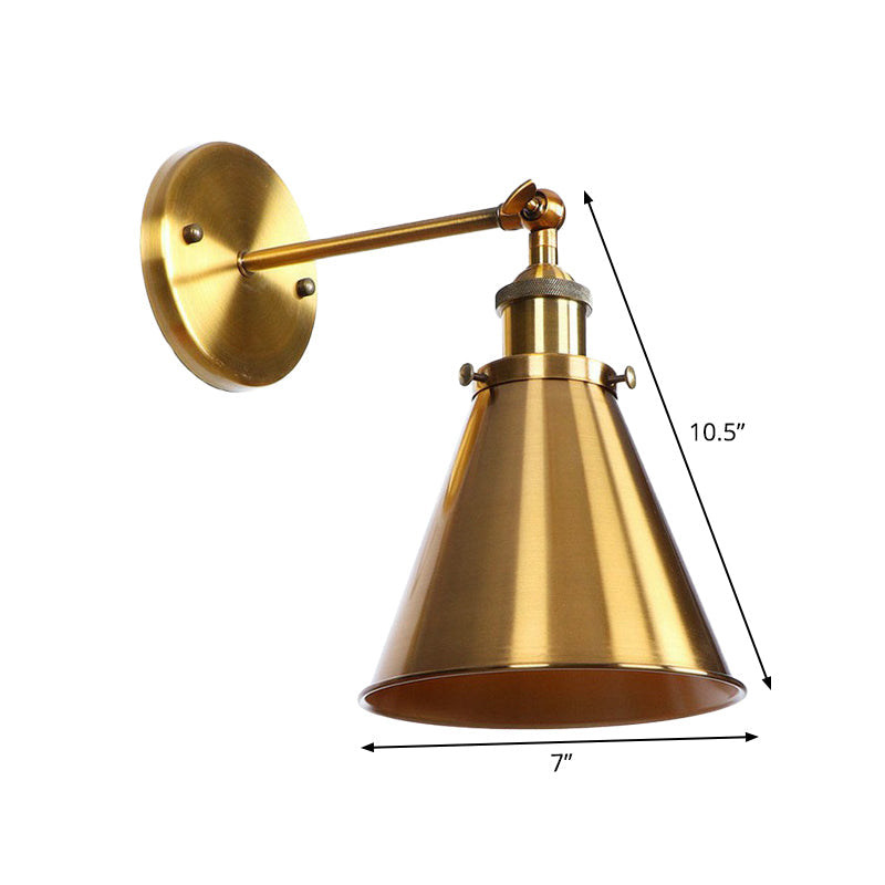 Iron Brass Finish Wall Light Fixture Scalloped/Horn/Cone 1-Light Factory Wall Mounted Lamp with Pivot Joint Clearhalo 'Art deco wall lights' 'Cast Iron' 'Glass' 'Industrial wall lights' 'Industrial' 'Middle century wall lights' 'Modern' 'Rustic wall lights' 'Tiffany' 'Traditional wall lights' 'Wall Lamps & Sconces' 'Wall Lights' Lighting' 1918002