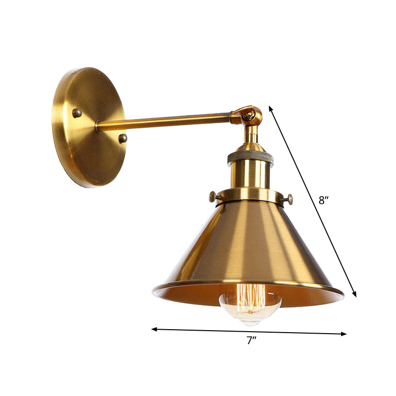 Iron Brass Finish Wall Light Fixture Scalloped/Horn/Cone 1-Light Factory Wall Mounted Lamp with Pivot Joint Clearhalo 'Art deco wall lights' 'Cast Iron' 'Glass' 'Industrial wall lights' 'Industrial' 'Middle century wall lights' 'Modern' 'Rustic wall lights' 'Tiffany' 'Traditional wall lights' 'Wall Lamps & Sconces' 'Wall Lights' Lighting' 1918004
