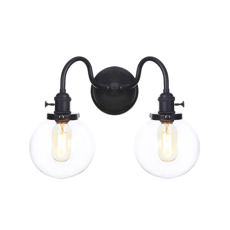 Black Curved/Straight Arm Wall Lighting Farmhouse Iron 2-Head Bathroom Wall Light with Cone/Ball Clear Glass Shade Black E Clearhalo 'Art deco wall lights' 'Cast Iron' 'Glass' 'Industrial wall lights' 'Industrial' 'Middle century wall lights' 'Modern' 'Rustic wall lights' 'Tiffany' 'Traditional wall lights' 'Wall Lamps & Sconces' 'Wall Lights' Lighting' 1918267