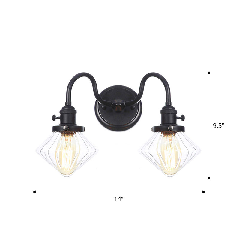Black Curved/Straight Arm Wall Lighting Farmhouse Iron 2-Head Bathroom Wall Light with Cone/Ball Clear Glass Shade Clearhalo 'Art deco wall lights' 'Cast Iron' 'Glass' 'Industrial wall lights' 'Industrial' 'Middle century wall lights' 'Modern' 'Rustic wall lights' 'Tiffany' 'Traditional wall lights' 'Wall Lamps & Sconces' 'Wall Lights' Lighting' 1918270
