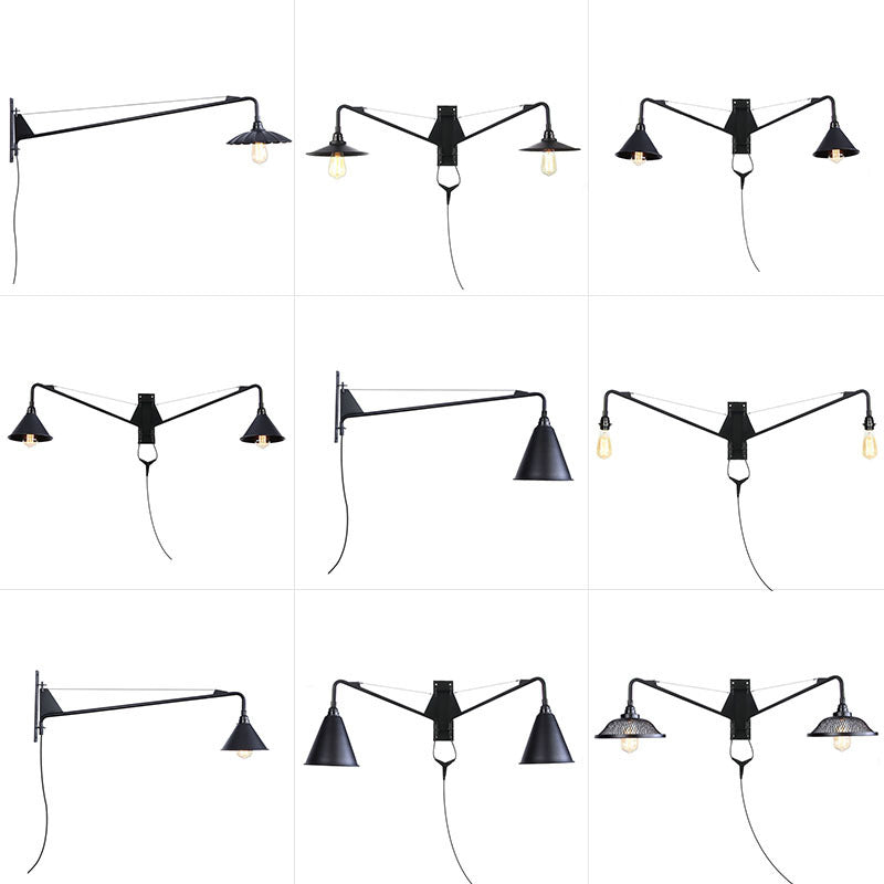 Industrial Scalloped/Exposed Wall Lamp 1/2-Light Iron Plug-in Wall Mounted Lighting with Long Swing Arm in Black Clearhalo 'Art deco wall lights' 'Cast Iron' 'Glass' 'Industrial wall lights' 'Industrial' 'Middle century wall lights' 'Modern' 'Rustic wall lights' 'Tiffany' 'Traditional wall lights' 'Wall Lamps & Sconces' 'Wall Lights' Lighting' 1918388