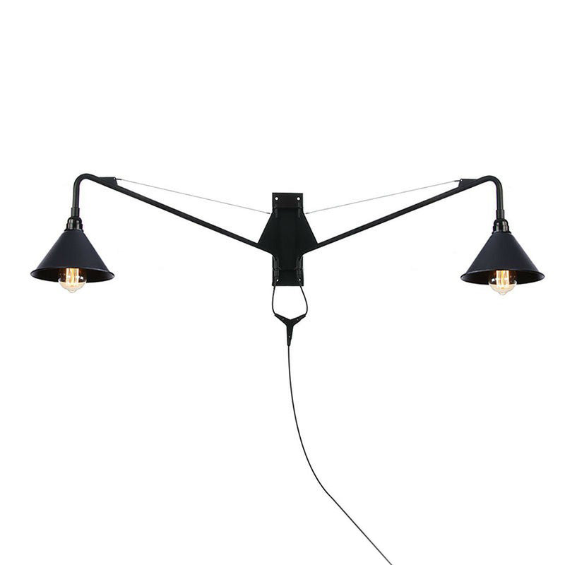 Industrial Scalloped/Exposed Wall Lamp 1/2-Light Iron Plug-in Wall Mounted Lighting with Long Swing Arm in Black 2.0 Black C Clearhalo 'Art deco wall lights' 'Cast Iron' 'Glass' 'Industrial wall lights' 'Industrial' 'Middle century wall lights' 'Modern' 'Rustic wall lights' 'Tiffany' 'Traditional wall lights' 'Wall Lamps & Sconces' 'Wall Lights' Lighting' 1918400
