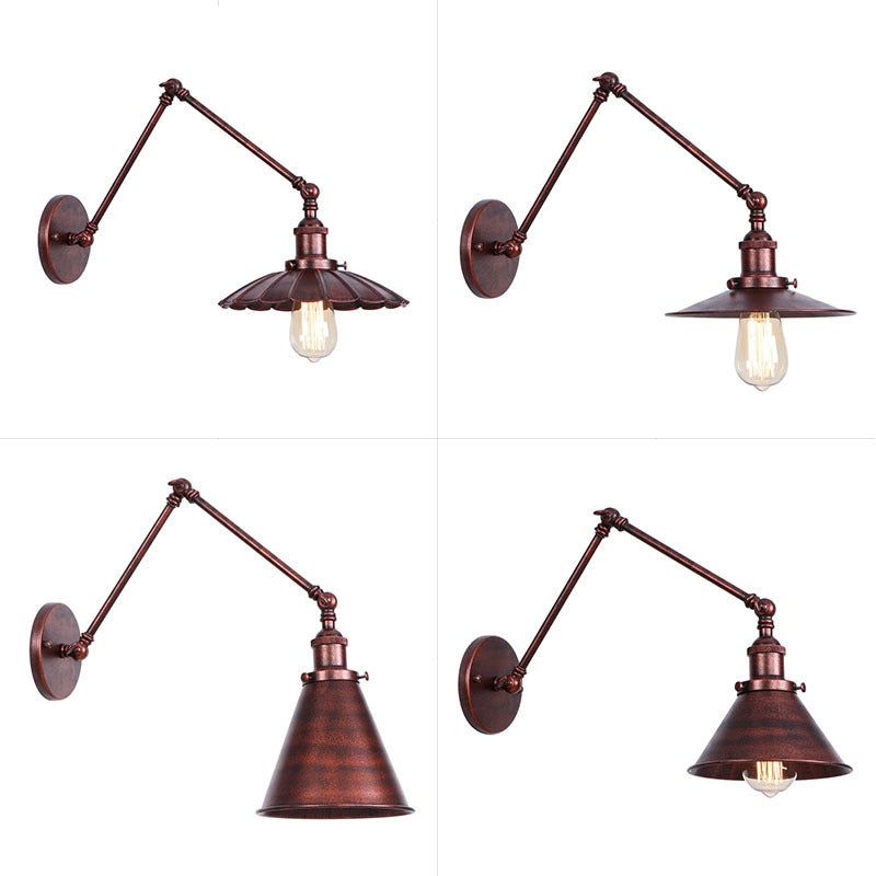 Rust Scalloped/Horn/Cone Wall Sconce Loft 1 Head Workshop Wall Mounted Reading Light with 6"/8" Long Swing Arm Clearhalo 'Art deco wall lights' 'Cast Iron' 'Glass' 'Industrial wall lights' 'Industrial' 'Middle century wall lights' 'Modern' 'Rustic wall lights' 'Tiffany' 'Traditional wall lights' 'Wall Lamps & Sconces' 'Wall Lights' Lighting' 1918446