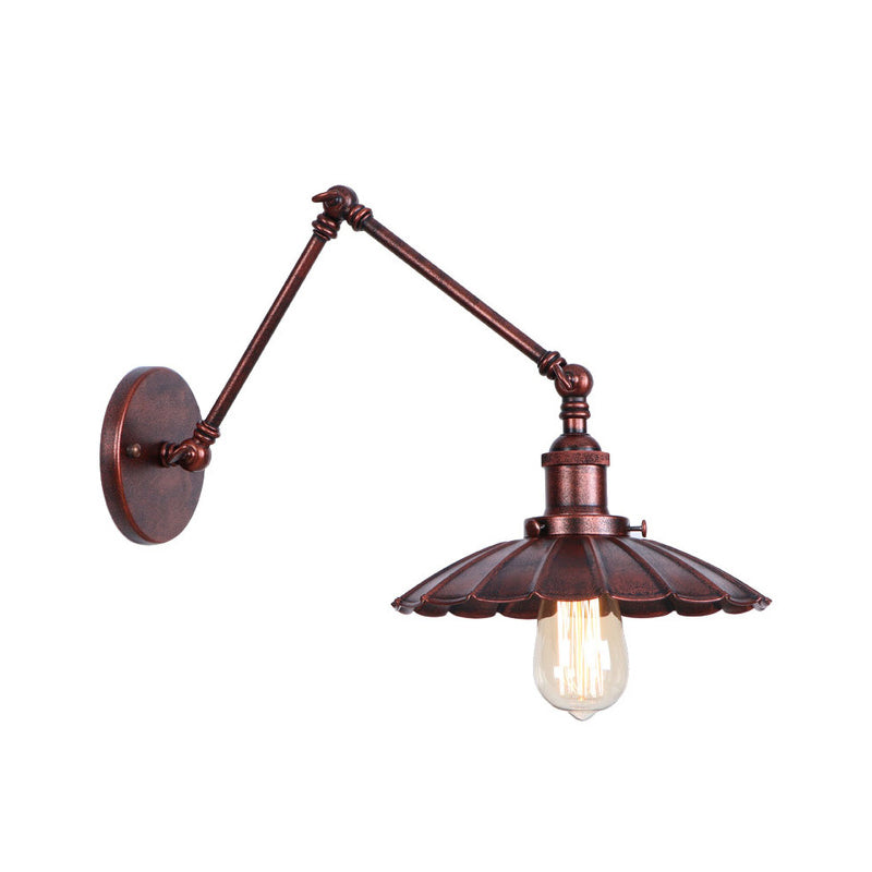 Rust Scalloped/Horn/Cone Wall Sconce Loft 1 Head Workshop Wall Mounted Reading Light with 6"/8" Long Swing Arm Rust 6" D Clearhalo 'Art deco wall lights' 'Cast Iron' 'Glass' 'Industrial wall lights' 'Industrial' 'Middle century wall lights' 'Modern' 'Rustic wall lights' 'Tiffany' 'Traditional wall lights' 'Wall Lamps & Sconces' 'Wall Lights' Lighting' 1918459