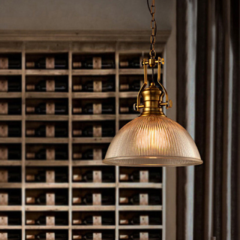 Brass Finish Bowl Pendant Lighting Warehouse Clear Ribbed Glass 1 Head 12"/15"/19.5" W Bistro Hanging Light with Handle Clearhalo 'Ceiling Lights' 'Close To Ceiling Lights' 'Glass shade' 'Glass' 'Industrial Pendants' 'Industrial' 'Middle Century Pendants' 'Pendant Lights' 'Pendants' 'Tiffany' Lighting' 1918533