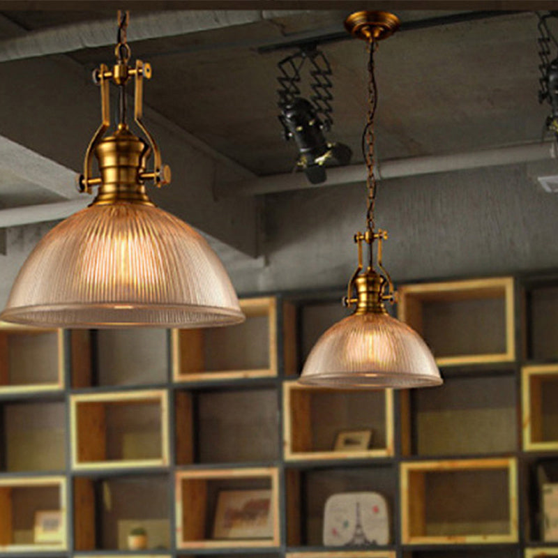 Brass Finish Bowl Pendant Lighting Warehouse Clear Ribbed Glass 1 Head 12"/15"/19.5" W Bistro Hanging Light with Handle Clearhalo 'Ceiling Lights' 'Close To Ceiling Lights' 'Glass shade' 'Glass' 'Industrial Pendants' 'Industrial' 'Middle Century Pendants' 'Pendant Lights' 'Pendants' 'Tiffany' Lighting' 1918534