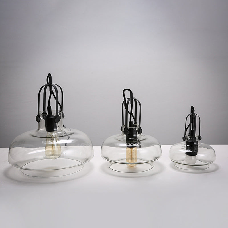 Pot Smoke/Clear Glass Pendant Light Farmhouse 1 Head 7"/9.5"/13" W Kitchen Ceiling Suspension Lamp with Gripper in Black Clear Clearhalo 'Ceiling Lights' 'Glass shade' 'Glass' 'Industrial Pendants' 'Industrial' 'Middle Century Pendants' 'Pendant Lights' 'Pendants' 'Tiffany' Lighting' 1918635