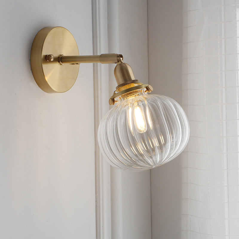 Brass Pumpkin Small Wall Lamp Rural Clear Ribbed/Blue Glass 1 Bulb Bedroom Wall Mounted Lighting with Adjustable Joint Clearhalo 'Art deco wall lights' 'Cast Iron' 'Glass' 'Industrial wall lights' 'Industrial' 'Middle century wall lights' 'Modern' 'Rustic wall lights' 'Tiffany' 'Traditional wall lights' 'Wall Lamps & Sconces' 'Wall Lights' Lighting' 1918642