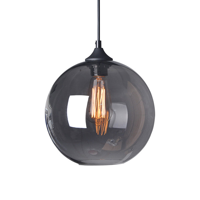 8"/10"/12" W Globe Bistro Pendulum Light Industrial Smoke Grey Glass 1-Light Black Suspension Pendant Light Clearhalo 'Ceiling Lights' 'Glass shade' 'Glass' 'Industrial Pendants' 'Industrial' 'Middle Century Pendants' 'Pendant Lights' 'Pendants' 'Tiffany' Lighting' 1918668