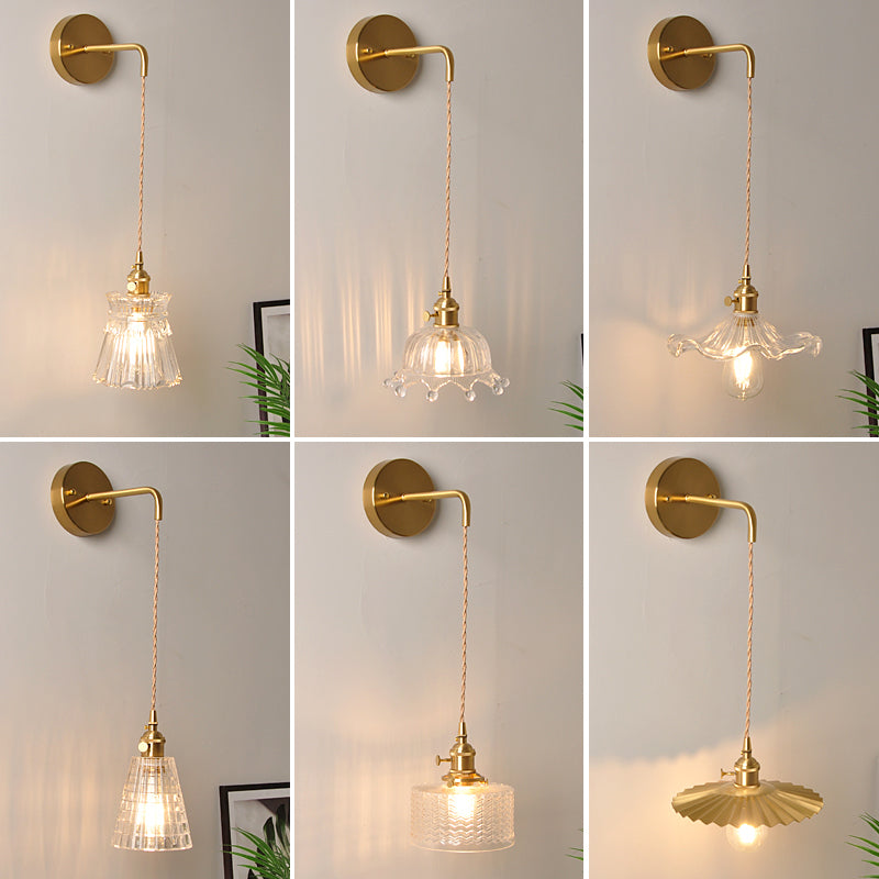 Bowl/Cylinder Bedside Wall Lighting Antique Clear Prismatic/Wavy Glass 1 Bulb Brass Wall Hanging Lamp with Rotary Switch Clearhalo 'Cast Iron' 'Glass' 'Industrial wall lights' 'Industrial' 'Middle century wall lights' 'Modern' 'Tiffany' 'Traditional wall lights' 'Wall Lamps & Sconces' 'Wall Lights' Lighting' 1918677