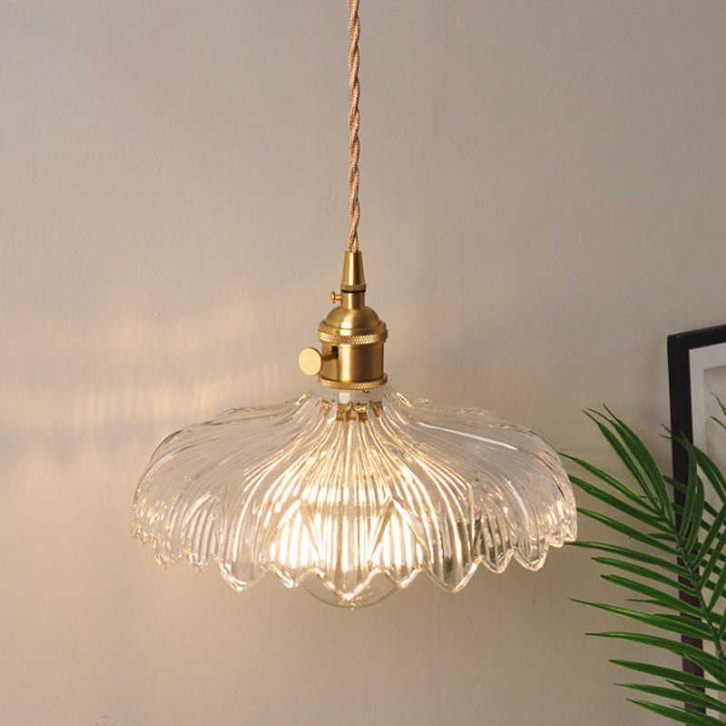 Bowl/Cylinder Bedside Wall Lighting Antique Clear Prismatic/Wavy Glass 1 Bulb Brass Wall Hanging Lamp with Rotary Switch Clear H Clearhalo 'Cast Iron' 'Glass' 'Industrial wall lights' 'Industrial' 'Middle century wall lights' 'Modern' 'Tiffany' 'Traditional wall lights' 'Wall Lamps & Sconces' 'Wall Lights' Lighting' 1918678