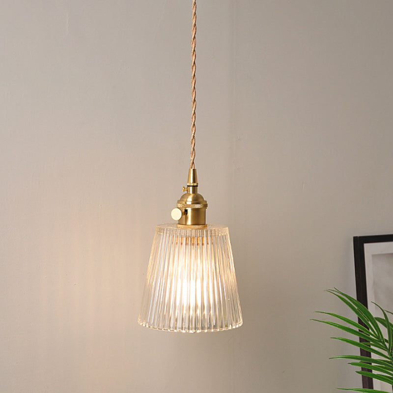 Bowl/Cylinder Bedside Wall Lighting Antique Clear Prismatic/Wavy Glass 1 Bulb Brass Wall Hanging Lamp with Rotary Switch Clear G Clearhalo 'Cast Iron' 'Glass' 'Industrial wall lights' 'Industrial' 'Middle century wall lights' 'Modern' 'Tiffany' 'Traditional wall lights' 'Wall Lamps & Sconces' 'Wall Lights' Lighting' 1918681
