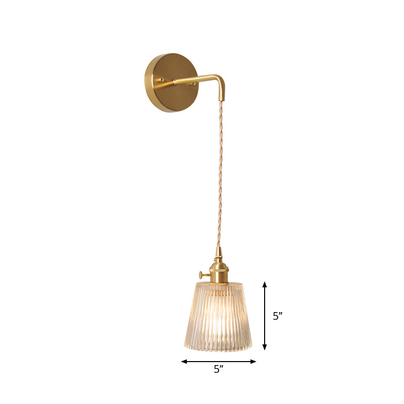 Bowl/Cylinder Bedside Wall Lighting Antique Clear Prismatic/Wavy Glass 1 Bulb Brass Wall Hanging Lamp with Rotary Switch Clearhalo 'Cast Iron' 'Glass' 'Industrial wall lights' 'Industrial' 'Middle century wall lights' 'Modern' 'Tiffany' 'Traditional wall lights' 'Wall Lamps & Sconces' 'Wall Lights' Lighting' 1918683