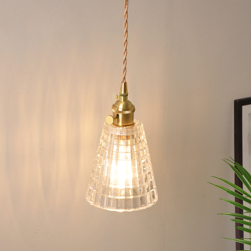 Bowl/Cylinder Bedside Wall Lighting Antique Clear Prismatic/Wavy Glass 1 Bulb Brass Wall Hanging Lamp with Rotary Switch Clear F Clearhalo 'Cast Iron' 'Glass' 'Industrial wall lights' 'Industrial' 'Middle century wall lights' 'Modern' 'Tiffany' 'Traditional wall lights' 'Wall Lamps & Sconces' 'Wall Lights' Lighting' 1918684