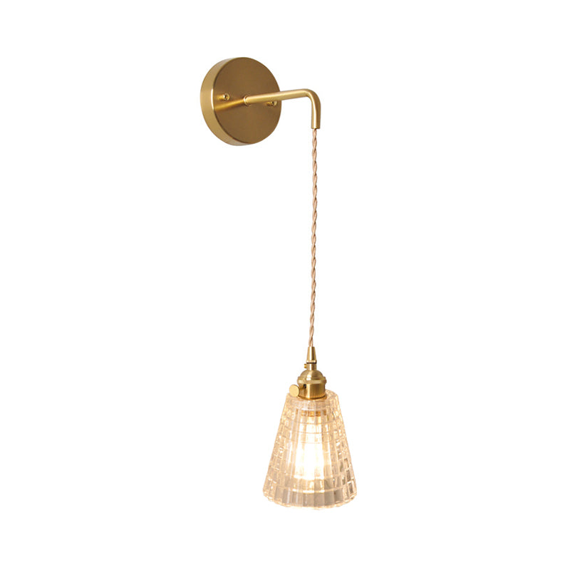 Bowl/Cylinder Bedside Wall Lighting Antique Clear Prismatic/Wavy Glass 1 Bulb Brass Wall Hanging Lamp with Rotary Switch Clearhalo 'Cast Iron' 'Glass' 'Industrial wall lights' 'Industrial' 'Middle century wall lights' 'Modern' 'Tiffany' 'Traditional wall lights' 'Wall Lamps & Sconces' 'Wall Lights' Lighting' 1918685