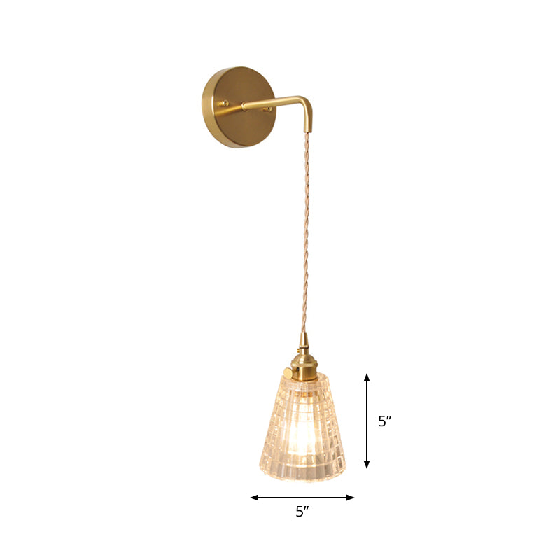 Bowl/Cylinder Bedside Wall Lighting Antique Clear Prismatic/Wavy Glass 1 Bulb Brass Wall Hanging Lamp with Rotary Switch Clearhalo 'Cast Iron' 'Glass' 'Industrial wall lights' 'Industrial' 'Middle century wall lights' 'Modern' 'Tiffany' 'Traditional wall lights' 'Wall Lamps & Sconces' 'Wall Lights' Lighting' 1918686