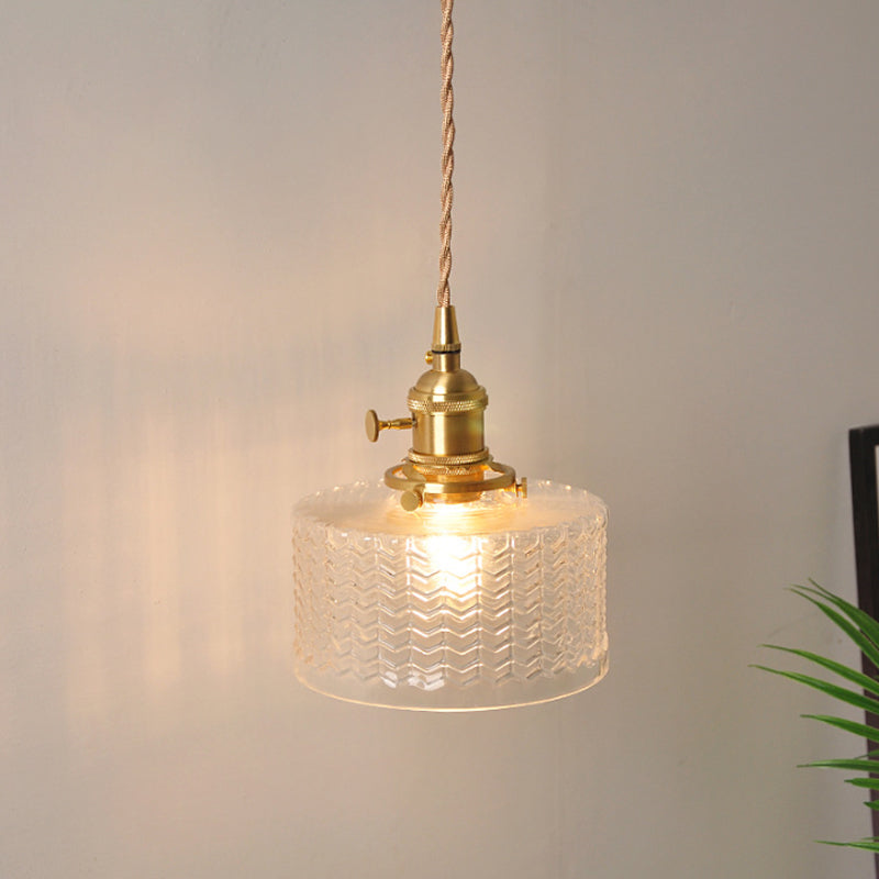 Bowl/Cylinder Bedside Wall Lighting Antique Clear Prismatic/Wavy Glass 1 Bulb Brass Wall Hanging Lamp with Rotary Switch Clear E Clearhalo 'Cast Iron' 'Glass' 'Industrial wall lights' 'Industrial' 'Middle century wall lights' 'Modern' 'Tiffany' 'Traditional wall lights' 'Wall Lamps & Sconces' 'Wall Lights' Lighting' 1918687
