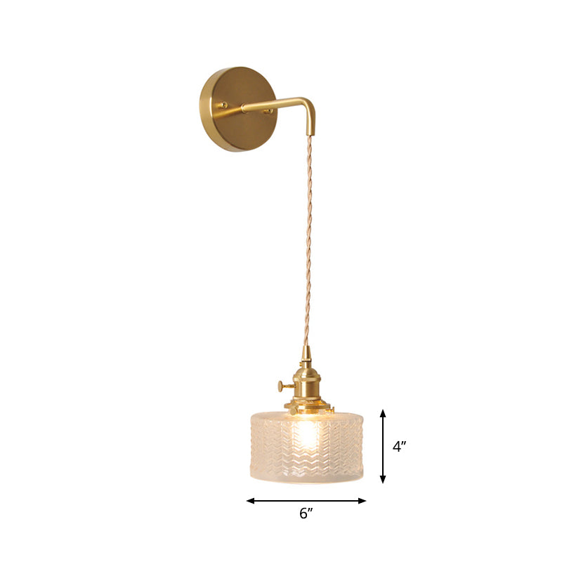 Bowl/Cylinder Bedside Wall Lighting Antique Clear Prismatic/Wavy Glass 1 Bulb Brass Wall Hanging Lamp with Rotary Switch Clearhalo 'Cast Iron' 'Glass' 'Industrial wall lights' 'Industrial' 'Middle century wall lights' 'Modern' 'Tiffany' 'Traditional wall lights' 'Wall Lamps & Sconces' 'Wall Lights' Lighting' 1918689