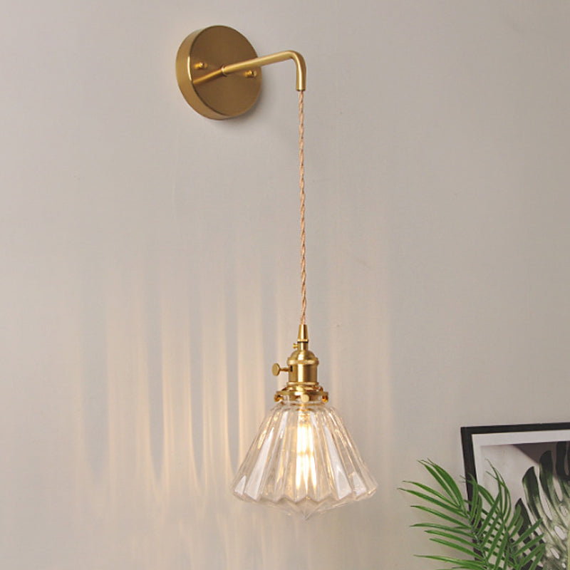 Bowl/Cylinder Bedside Wall Lighting Antique Clear Prismatic/Wavy Glass 1 Bulb Brass Wall Hanging Lamp with Rotary Switch Clear D Clearhalo 'Cast Iron' 'Glass' 'Industrial wall lights' 'Industrial' 'Middle century wall lights' 'Modern' 'Tiffany' 'Traditional wall lights' 'Wall Lamps & Sconces' 'Wall Lights' Lighting' 1918690