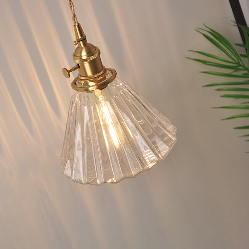 Bowl/Cylinder Bedside Wall Lighting Antique Clear Prismatic/Wavy Glass 1 Bulb Brass Wall Hanging Lamp with Rotary Switch Clearhalo 'Cast Iron' 'Glass' 'Industrial wall lights' 'Industrial' 'Middle century wall lights' 'Modern' 'Tiffany' 'Traditional wall lights' 'Wall Lamps & Sconces' 'Wall Lights' Lighting' 1918691