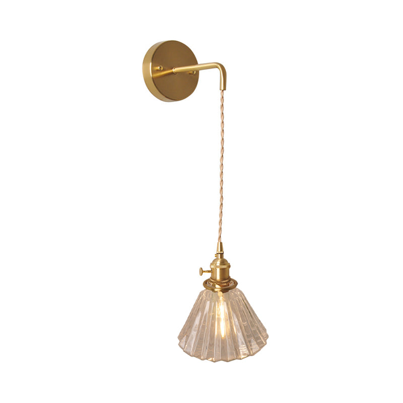 Bowl/Cylinder Bedside Wall Lighting Antique Clear Prismatic/Wavy Glass 1 Bulb Brass Wall Hanging Lamp with Rotary Switch Clearhalo 'Cast Iron' 'Glass' 'Industrial wall lights' 'Industrial' 'Middle century wall lights' 'Modern' 'Tiffany' 'Traditional wall lights' 'Wall Lamps & Sconces' 'Wall Lights' Lighting' 1918692