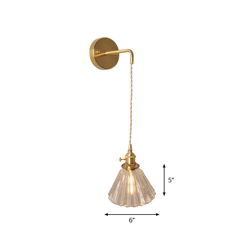 Bowl/Cylinder Bedside Wall Lighting Antique Clear Prismatic/Wavy Glass 1 Bulb Brass Wall Hanging Lamp with Rotary Switch Clearhalo 'Cast Iron' 'Glass' 'Industrial wall lights' 'Industrial' 'Middle century wall lights' 'Modern' 'Tiffany' 'Traditional wall lights' 'Wall Lamps & Sconces' 'Wall Lights' Lighting' 1918693