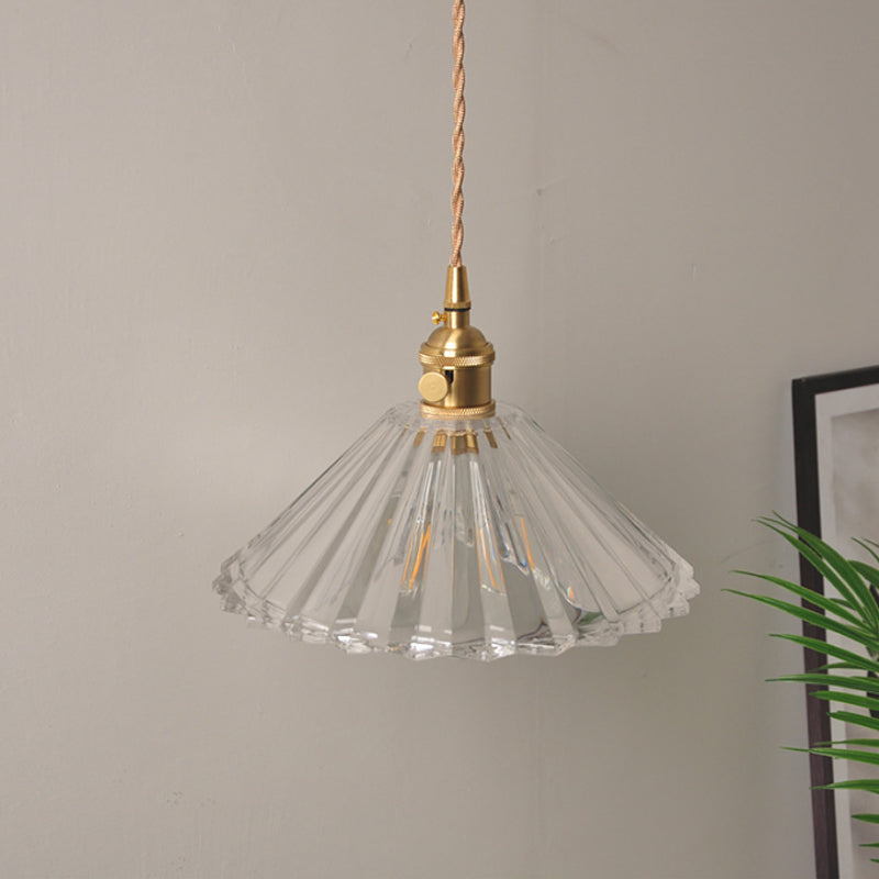 Bowl/Cylinder Bedside Wall Lighting Antique Clear Prismatic/Wavy Glass 1 Bulb Brass Wall Hanging Lamp with Rotary Switch Clear C Clearhalo 'Cast Iron' 'Glass' 'Industrial wall lights' 'Industrial' 'Middle century wall lights' 'Modern' 'Tiffany' 'Traditional wall lights' 'Wall Lamps & Sconces' 'Wall Lights' Lighting' 1918694