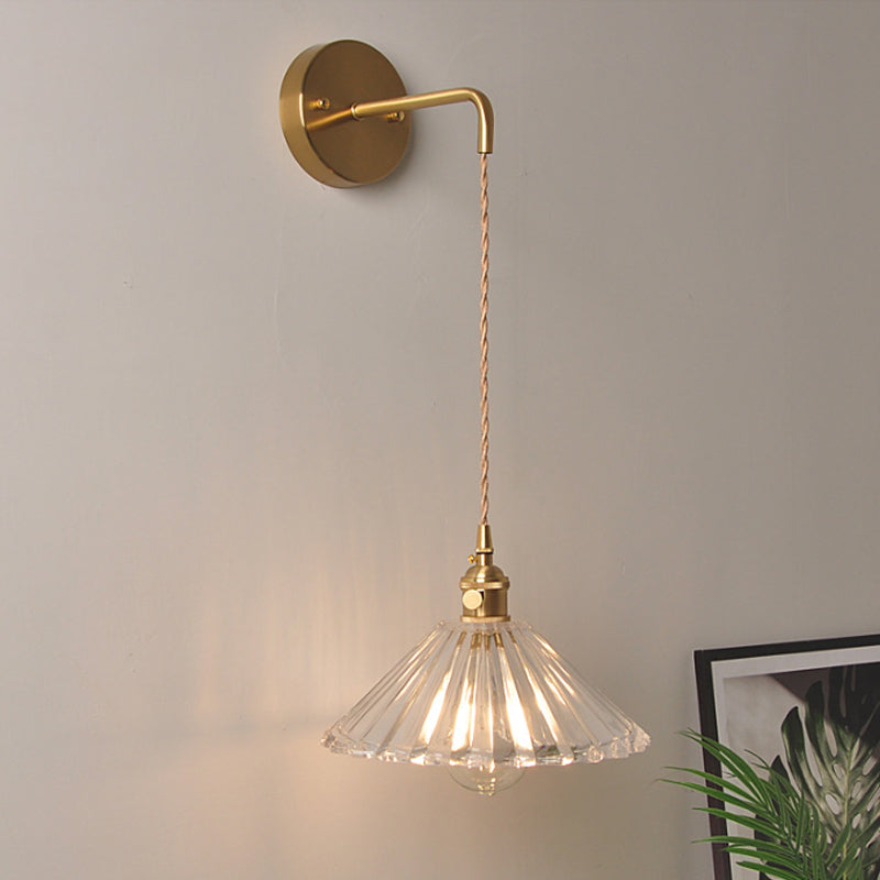 Bowl/Cylinder Bedside Wall Lighting Antique Clear Prismatic/Wavy Glass 1 Bulb Brass Wall Hanging Lamp with Rotary Switch Clearhalo 'Cast Iron' 'Glass' 'Industrial wall lights' 'Industrial' 'Middle century wall lights' 'Modern' 'Tiffany' 'Traditional wall lights' 'Wall Lamps & Sconces' 'Wall Lights' Lighting' 1918695