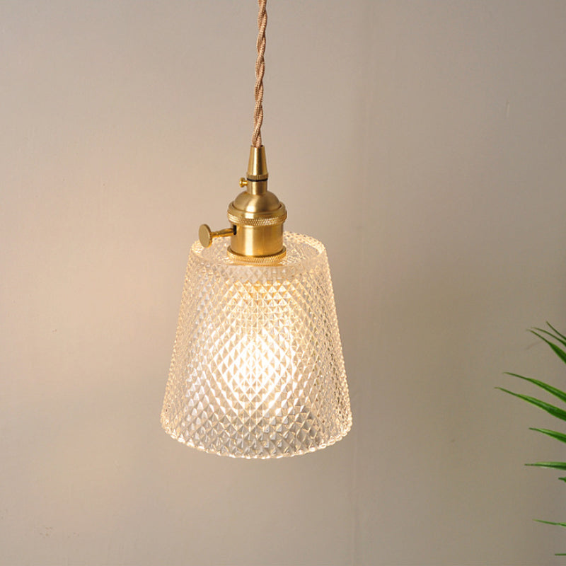 Bowl/Cylinder Bedside Wall Lighting Antique Clear Prismatic/Wavy Glass 1 Bulb Brass Wall Hanging Lamp with Rotary Switch Clear B Clearhalo 'Cast Iron' 'Glass' 'Industrial wall lights' 'Industrial' 'Middle century wall lights' 'Modern' 'Tiffany' 'Traditional wall lights' 'Wall Lamps & Sconces' 'Wall Lights' Lighting' 1918698
