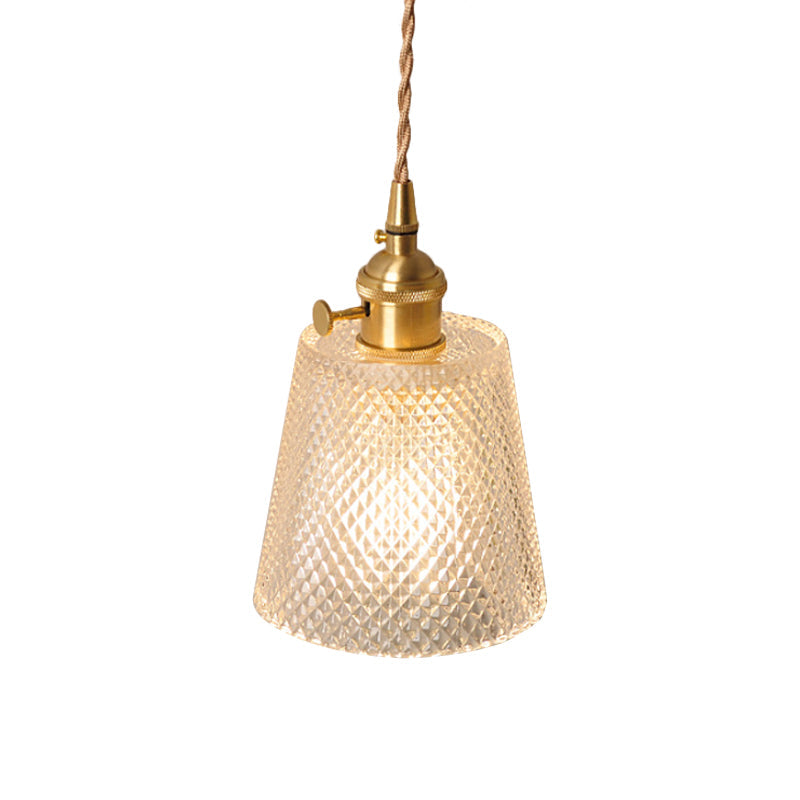 Bowl/Cylinder Bedside Wall Lighting Antique Clear Prismatic/Wavy Glass 1 Bulb Brass Wall Hanging Lamp with Rotary Switch Clearhalo 'Cast Iron' 'Glass' 'Industrial wall lights' 'Industrial' 'Middle century wall lights' 'Modern' 'Tiffany' 'Traditional wall lights' 'Wall Lamps & Sconces' 'Wall Lights' Lighting' 1918699