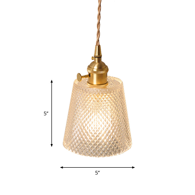Bowl/Cylinder Bedside Wall Lighting Antique Clear Prismatic/Wavy Glass 1 Bulb Brass Wall Hanging Lamp with Rotary Switch Clearhalo 'Cast Iron' 'Glass' 'Industrial wall lights' 'Industrial' 'Middle century wall lights' 'Modern' 'Tiffany' 'Traditional wall lights' 'Wall Lamps & Sconces' 'Wall Lights' Lighting' 1918700