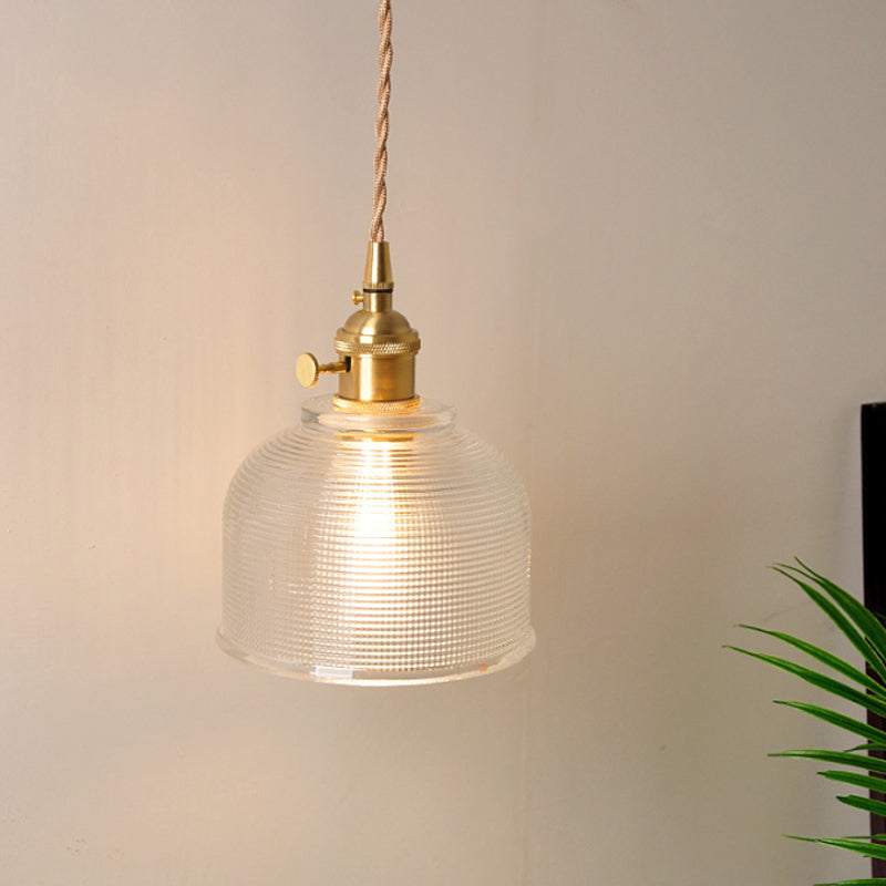 Bowl/Cylinder Bedside Wall Lighting Antique Clear Prismatic/Wavy Glass 1 Bulb Brass Wall Hanging Lamp with Rotary Switch Clear A Clearhalo 'Cast Iron' 'Glass' 'Industrial wall lights' 'Industrial' 'Middle century wall lights' 'Modern' 'Tiffany' 'Traditional wall lights' 'Wall Lamps & Sconces' 'Wall Lights' Lighting' 1918701