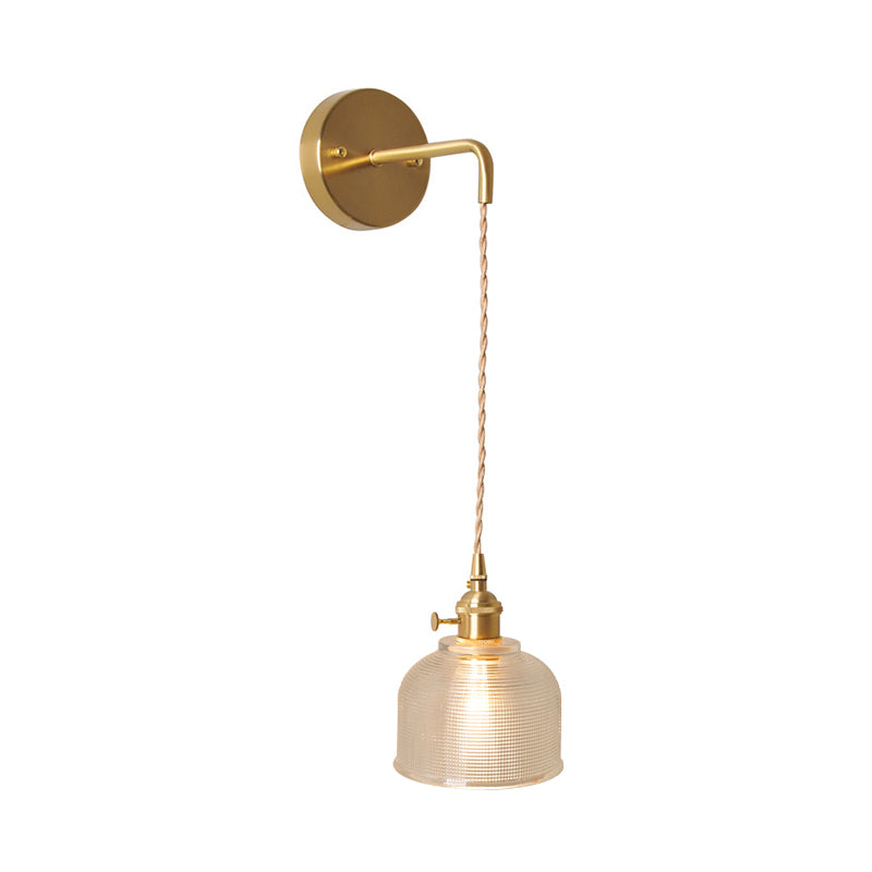 Bowl/Cylinder Bedside Wall Lighting Antique Clear Prismatic/Wavy Glass 1 Bulb Brass Wall Hanging Lamp with Rotary Switch Clearhalo 'Cast Iron' 'Glass' 'Industrial wall lights' 'Industrial' 'Middle century wall lights' 'Modern' 'Tiffany' 'Traditional wall lights' 'Wall Lamps & Sconces' 'Wall Lights' Lighting' 1918702