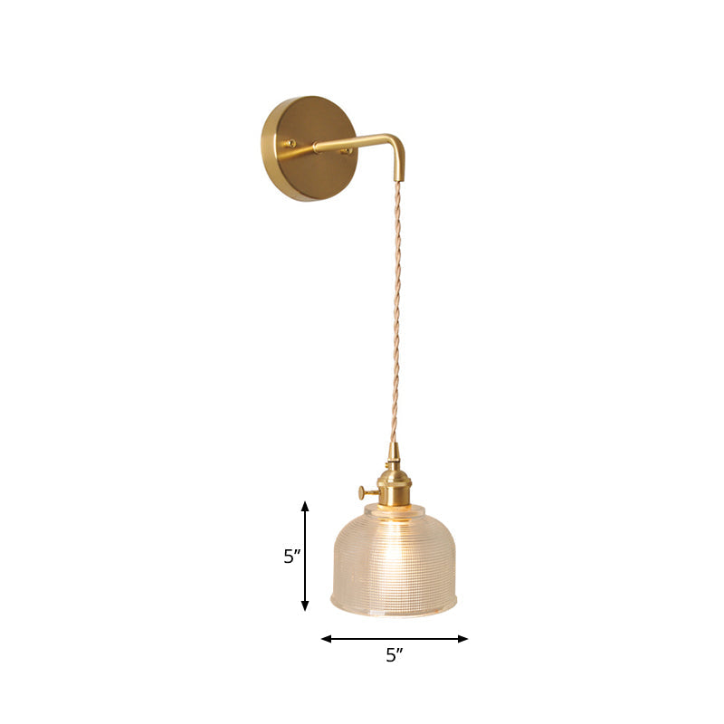 Bowl/Cylinder Bedside Wall Lighting Antique Clear Prismatic/Wavy Glass 1 Bulb Brass Wall Hanging Lamp with Rotary Switch Clearhalo 'Cast Iron' 'Glass' 'Industrial wall lights' 'Industrial' 'Middle century wall lights' 'Modern' 'Tiffany' 'Traditional wall lights' 'Wall Lamps & Sconces' 'Wall Lights' Lighting' 1918703