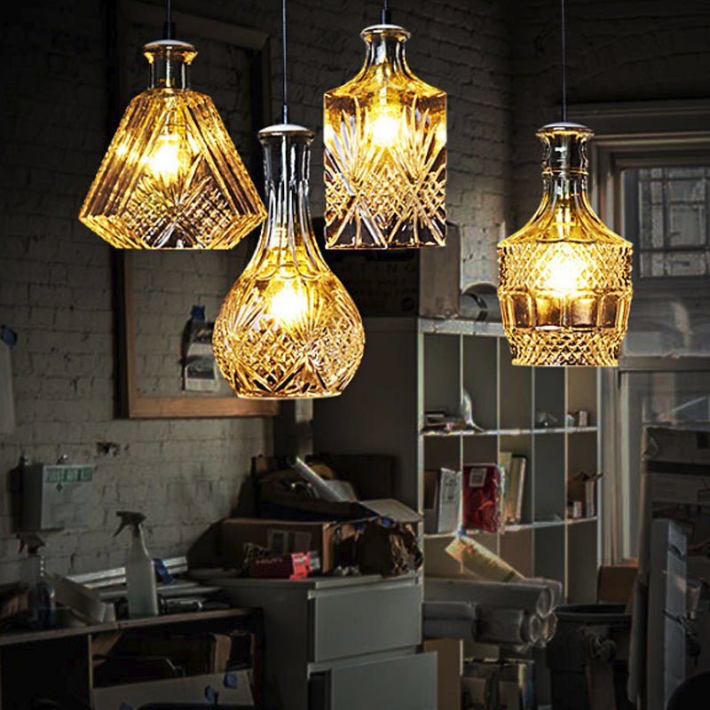 Clear Glass Wine Decanter Pendant Lamp Loft Single-Bulb Kitchen Bar Hanging Light Fixture in Black Clearhalo 'Ceiling Lights' 'Glass shade' 'Glass' 'Industrial Pendants' 'Industrial' 'Middle Century Pendants' 'Pendant Lights' 'Pendants' 'Tiffany' Lighting' 1918742