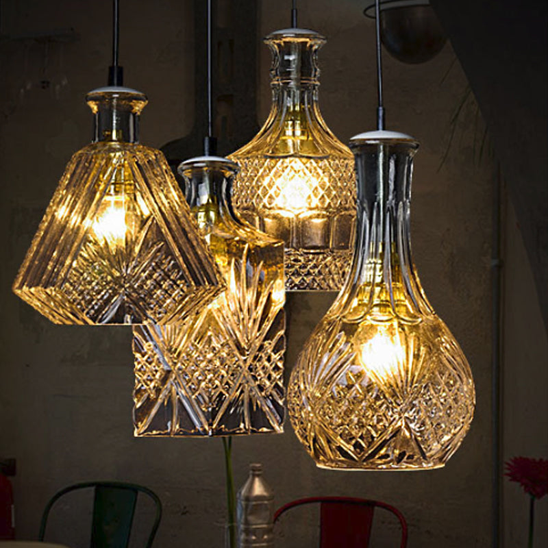 Clear Glass Wine Decanter Pendant Lamp Loft Single-Bulb Kitchen Bar Hanging Light Fixture in Black Clearhalo 'Ceiling Lights' 'Glass shade' 'Glass' 'Industrial Pendants' 'Industrial' 'Middle Century Pendants' 'Pendant Lights' 'Pendants' 'Tiffany' Lighting' 1918745