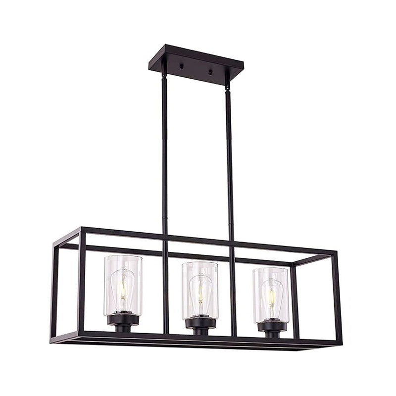 Cylinder Shade Clear Glass Pendant Industrial 3/5 Lights Dinette Up/Down Island Lamp with Rectangle Frame in Black 3 Black Up Clearhalo 'Ceiling Lights' 'Island Lights' Lighting' 1918775