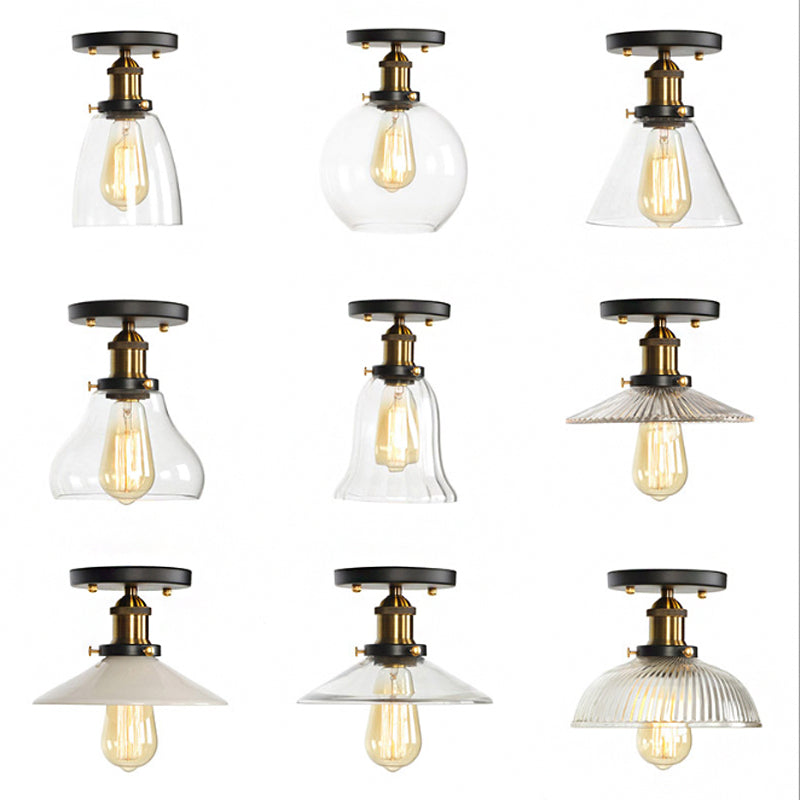 Globe/Pear Mini Corridor Semi Flush Light Farmhouse Clear/Clear Ribbed Glass 1 Head Black and Brass Ceiling Lamp Clearhalo 'Ceiling Lights' 'Close To Ceiling Lights' 'Close to ceiling' 'Semi-flushmount' Lighting' 1918800