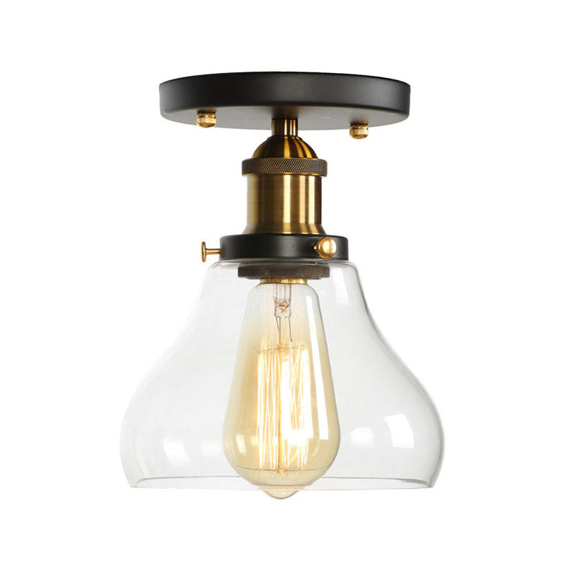 Globe/Pear Mini Corridor Semi Flush Light Farmhouse Clear/Clear Ribbed Glass 1 Head Black and Brass Ceiling Lamp Brass D Clearhalo 'Ceiling Lights' 'Close To Ceiling Lights' 'Close to ceiling' 'Semi-flushmount' Lighting' 1918801