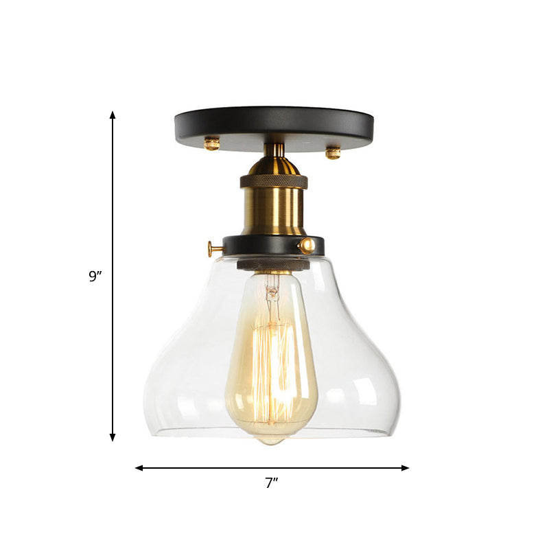 Globe/Pear Mini Corridor Semi Flush Light Farmhouse Clear/Clear Ribbed Glass 1 Head Black and Brass Ceiling Lamp Clearhalo 'Ceiling Lights' 'Close To Ceiling Lights' 'Close to ceiling' 'Semi-flushmount' Lighting' 1918802