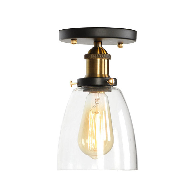 Globe/Pear Mini Corridor Semi Flush Light Farmhouse Clear/Clear Ribbed Glass 1 Head Black and Brass Ceiling Lamp Brass A Clearhalo 'Ceiling Lights' 'Close To Ceiling Lights' 'Close to ceiling' 'Semi-flushmount' Lighting' 1918803