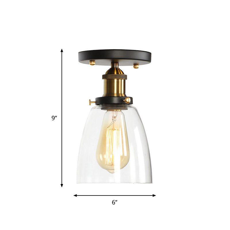 Globe/Pear Mini Corridor Semi Flush Light Farmhouse Clear/Clear Ribbed Glass 1 Head Black and Brass Ceiling Lamp Clearhalo 'Ceiling Lights' 'Close To Ceiling Lights' 'Close to ceiling' 'Semi-flushmount' Lighting' 1918804