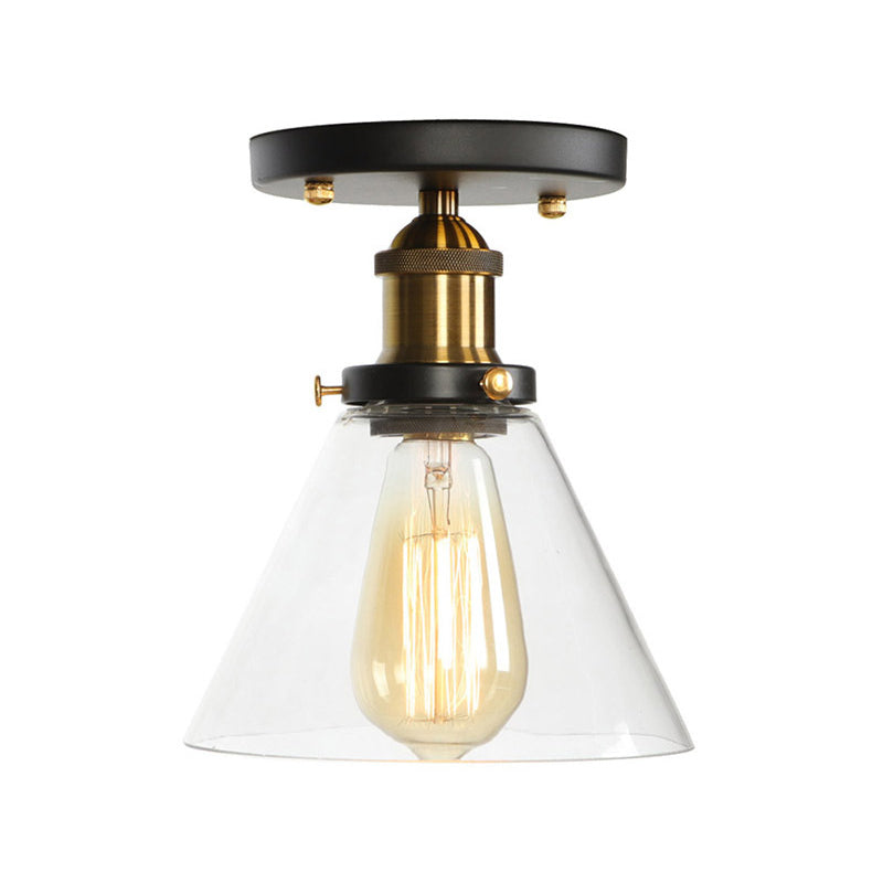 Globe/Pear Mini Corridor Semi Flush Light Farmhouse Clear/Clear Ribbed Glass 1 Head Black and Brass Ceiling Lamp Brass C Clearhalo 'Ceiling Lights' 'Close To Ceiling Lights' 'Close to ceiling' 'Semi-flushmount' Lighting' 1918805