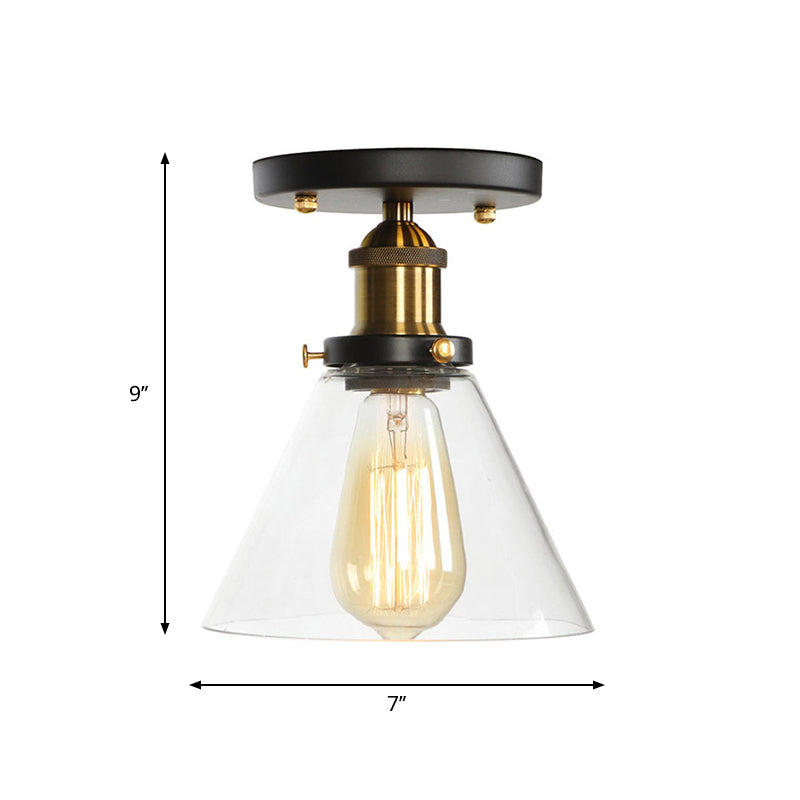 Globe/Pear Mini Corridor Semi Flush Light Farmhouse Clear/Clear Ribbed Glass 1 Head Black and Brass Ceiling Lamp Clearhalo 'Ceiling Lights' 'Close To Ceiling Lights' 'Close to ceiling' 'Semi-flushmount' Lighting' 1918806